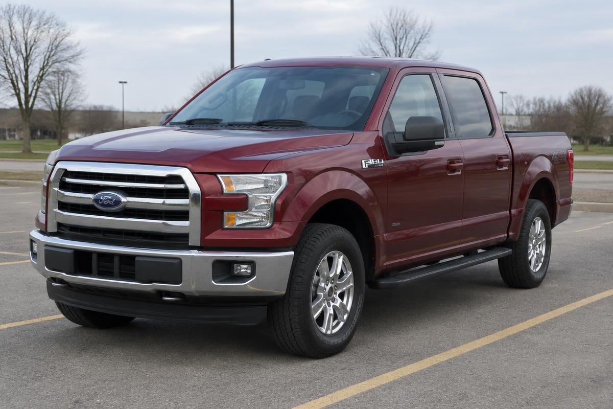 Sample photo: red crew cab pickup, front three-quarter view